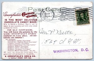1908 EAT GREENFIELD's CHOCOLATE SPONGE CANDY ADVERTISING NEW YORK POSTCARD