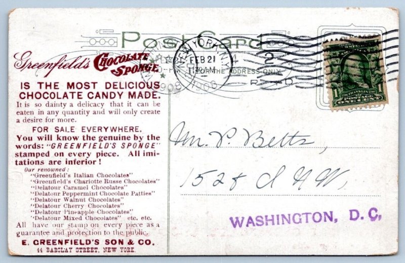 1908 EAT GREENFIELD's CHOCOLATE SPONGE CANDY ADVERTISING NEW YORK POSTCARD