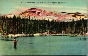 Vtg 1930's Braynard Lake Arapahoe Peaks Man Fishing Colorado CO Linen Postcard