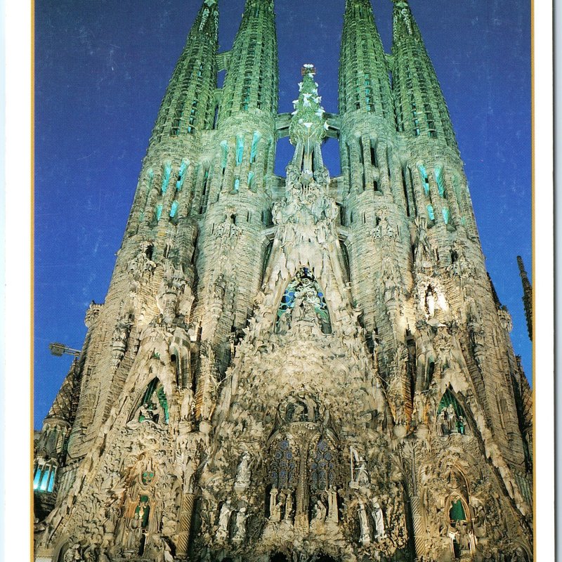 c2000s Barcelona Spain Sagrada Familia Cathedral Night Illuminated Chrome Lg M28