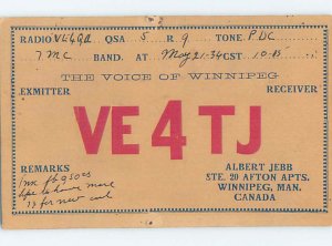 1930s QSL RADIO CARD Winnipeg Manitoba MB AH3256