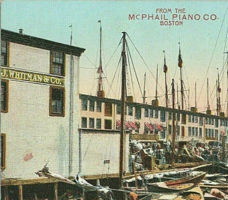 Wharf Whitman Co McPhail Piano Tainter Lewiston ME Boston Massachusetts Postcard