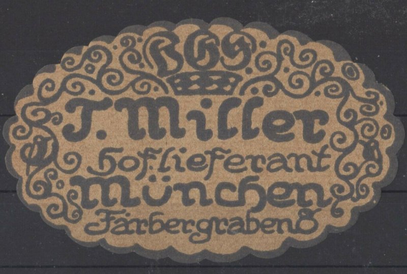 Germany - J. Miller, Supplier, Munich Large Label, 4.5 wide x 2.25 tall