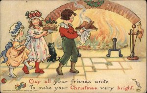 HKB Tuck Playtime Christmas Feast Children Giant Fireplace Vintage Postcard