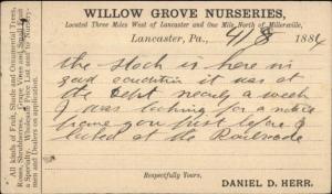 Lancaster PA Willow Grove Nursery 1884 Postal Card Fancy Bullseye Cancel 