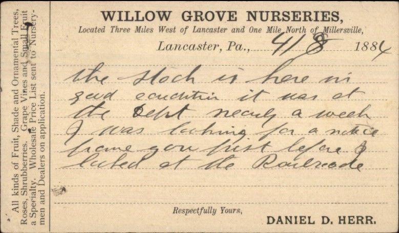 Lancaster PA Willow Grove Nursery 1884 Postal Card Fancy Bullseye Cancel