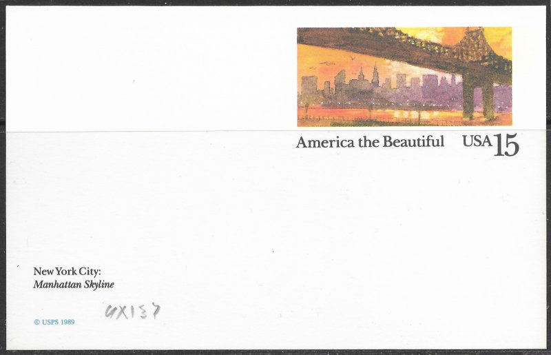 US Unused. America the Beautiful. UX137. NYC - Manhattan Skyline. Nice.