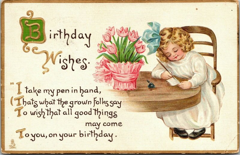 Vtg Birthday Wishes Children Girl Pink Tullips Clara Miller Burd Tuck Postcard