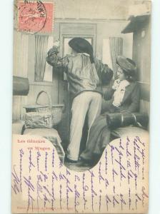 foreign 1904 Postcard EUROPEAN PEOPLE RIDING IN ANTIQUE TRAIN CAR AC2599