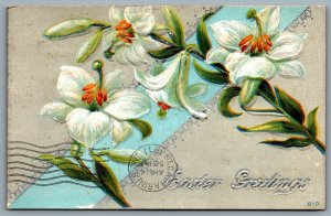 Postcard c1911 Easter Greetings Split Ring Cancel Stamford ONT Embossed Lillies