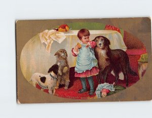 Postcard Little Girl and Dogs Art Print