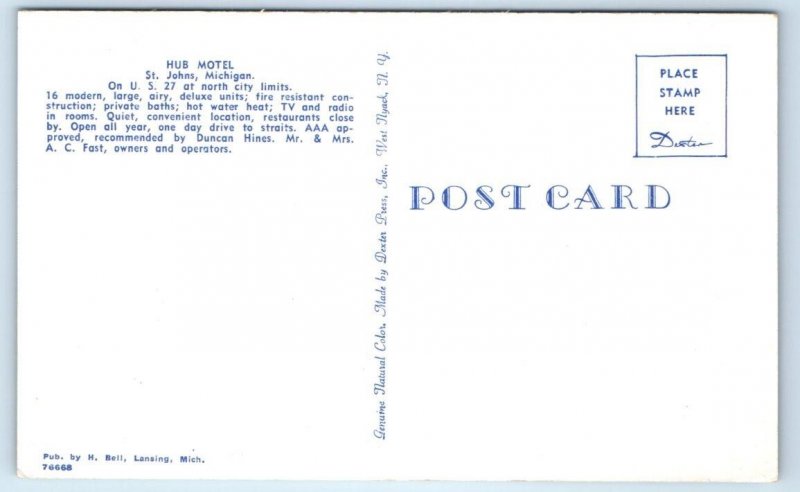 ST. JOHNS, Michigan MI ~ Roadside HUB MOTEL Clinton County ~ A.C. Fast  Postcard