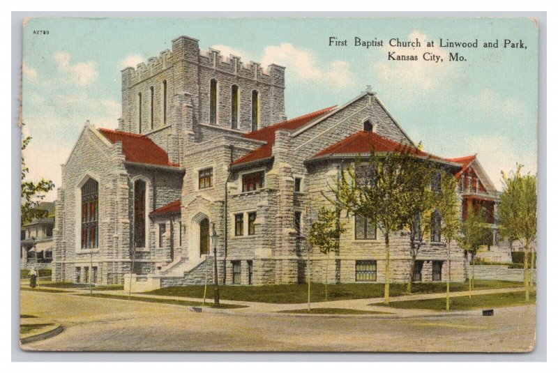 Postcard First Baptist Church At Linwood & Park Kansas City Mo. Missouri c1910