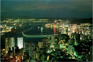 Postcard Hong Kong Night Scene From Peak Ships Skyscrapers City Lights 1980s K23