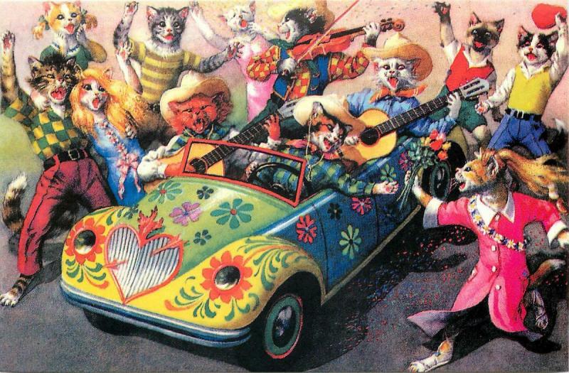 Mainzer Cat Cowboy Band in Psychedelic Hippie Convertible Repro Postcard