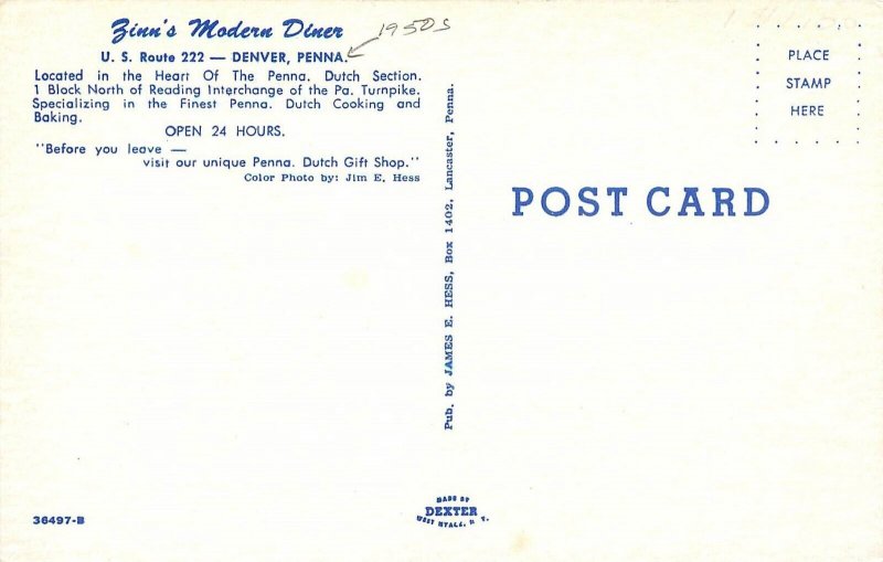 Postcard 1950s Pennsylvania Denver Zinn's Modern Diner occupation PA24-2426