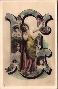 Hand Colored Real Photo Postcard Large Letter E Filled with Women and Children