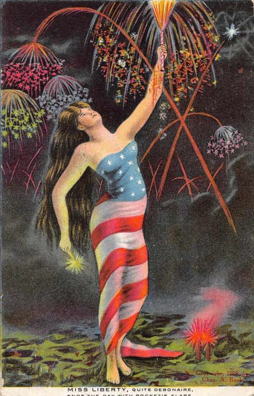 Patriotic Greetings Miss Liberty Fireworks Vintage Postcard JD933303