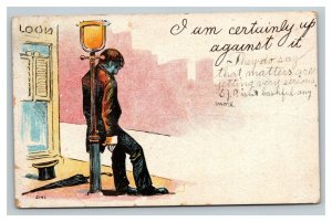 Vintage 1908 Comic Postcard - Drunk Man Leaning Against Lamp Post