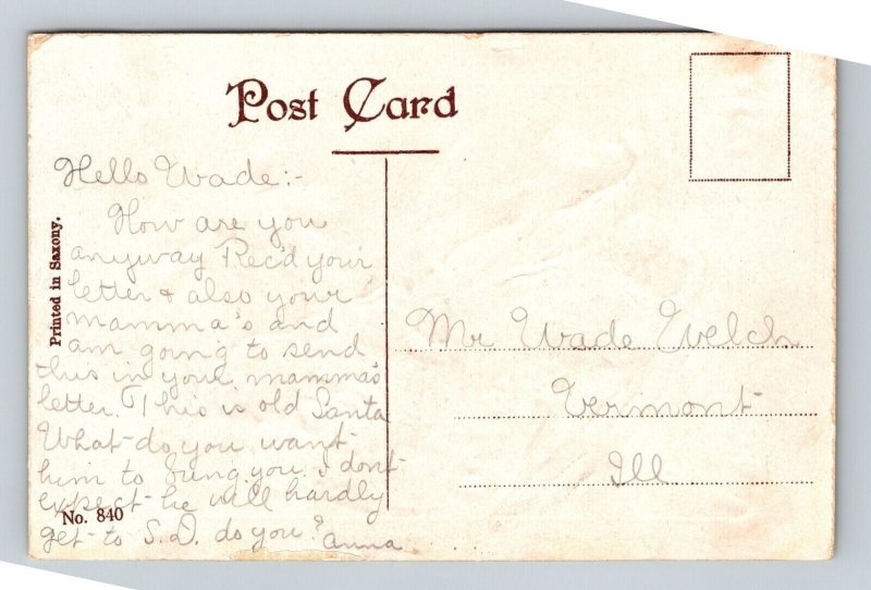 c1910 SANTA CLAUS SLEDDING, TOYS, DOLL, GUN EMBOSSED CHRISTMAS POSTCARD