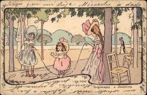 Children Jump Rope Playing Nice Pastel Colors Riom or Griom c1900 Postcard