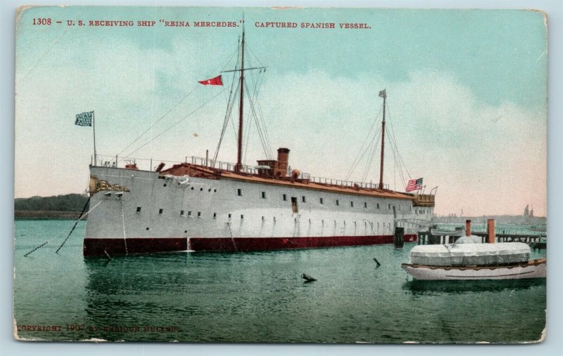 Postcard US Navy Receiving Ship Reina Mercedes Captured Spanish Vessel 1908 AC12