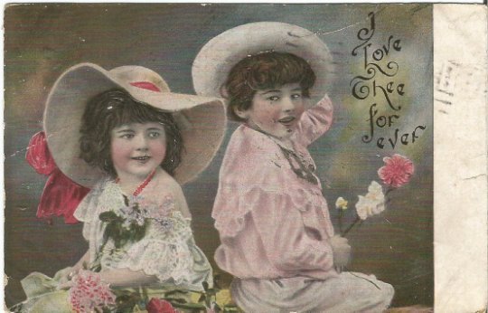 Vintage Postcard Little boy and little girl Holding flowers I Love The For Ever