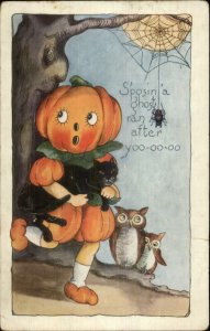 Halloween Pumpkin Head Girl Owls Spider Web Whitney Postcard
