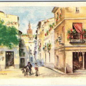 c1920s Seville, Spain Barrio Santa Cruz Street Church Tower Balcony Donkey A359