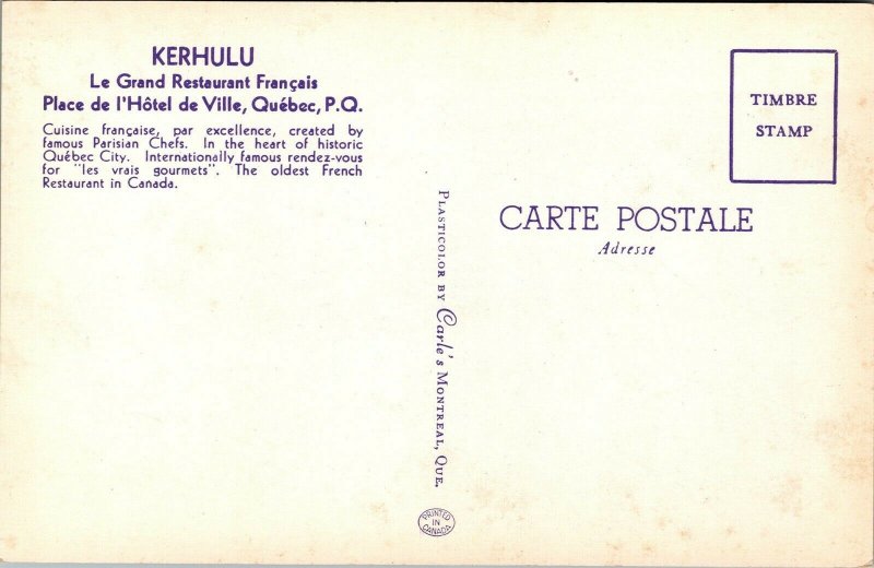 Vtg Kerhulu French Restaurant Quebec City Canada Postcard