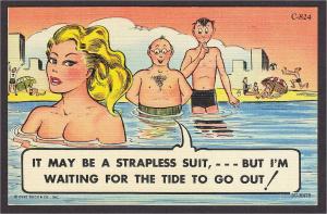 Florida Strapless Swimsuit Waiting for the Tide Risque Linen Comic Postcard