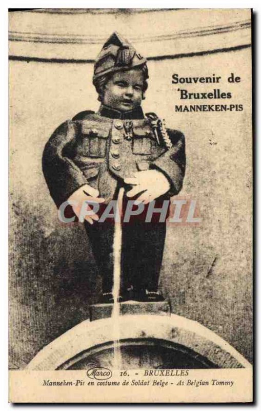 Postcard Old Memorial in Brussels Manneken Pis in costume Soldier Belgian
