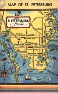 St Petersburg Florida FL Map 1930s-50s Linen Postcard