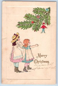 Christmas Postcard Children Pine Leaf With Decor Embossed Minneapolis MN 1910