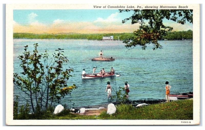 Mid-1900s View of Canadohta Lake and Marcresan Beach, PA Postcard