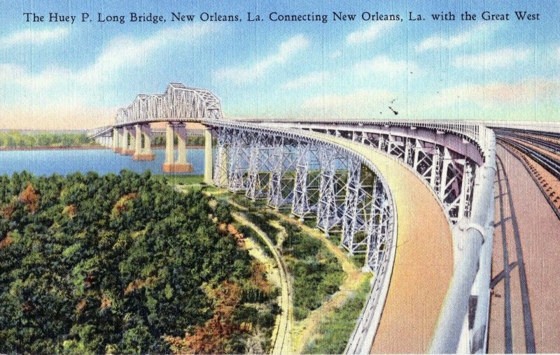 VTG 1940s Huey P Long Bridge New Orleans Louisiana LA Linen Postcard