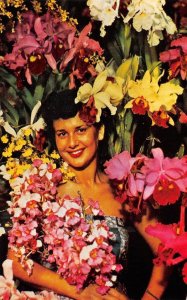 Island Beauty Orchids Polynesian Woman Hawaii Flowers c1950s Vintage Postcard