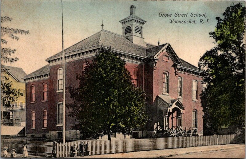 Grove Street School Woonsocket RI hand colored kids outside c1910 vtg postcard