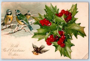 Christmas Postcard Holly Berries Song Birds Winter Scene Nash Corwith Iowa IA