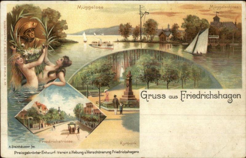 Gruss Aus Friedrichshagen Germany Nude Woman Border c1900 Postcard