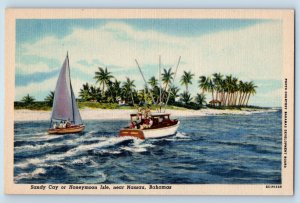 Bahamas Postcard Sandy Cay or Honeymoon Isle Motorboat Scene c1930's