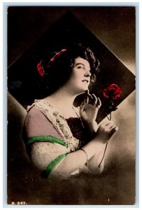 1919 Pretty Woman Red Rose Flower Studio Portrait RPPC Photo Antique Postcard 