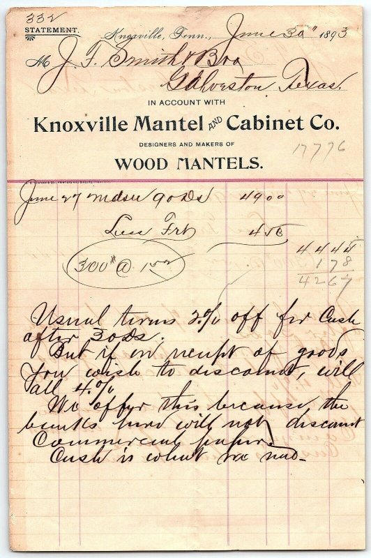 1893 KNOXVILLE TN  KNOXVILLE MANTEL AND CABINET CO.   BILLHEAD STATEMENT Z1741