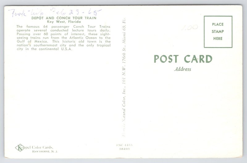 Key West Florida~Depot & Conch Tour Train~1950s Postcard