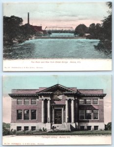 2 Postcards AURORA,  IL ~ Fox River NEW YORK STREET BRIDGE Library Handcolred