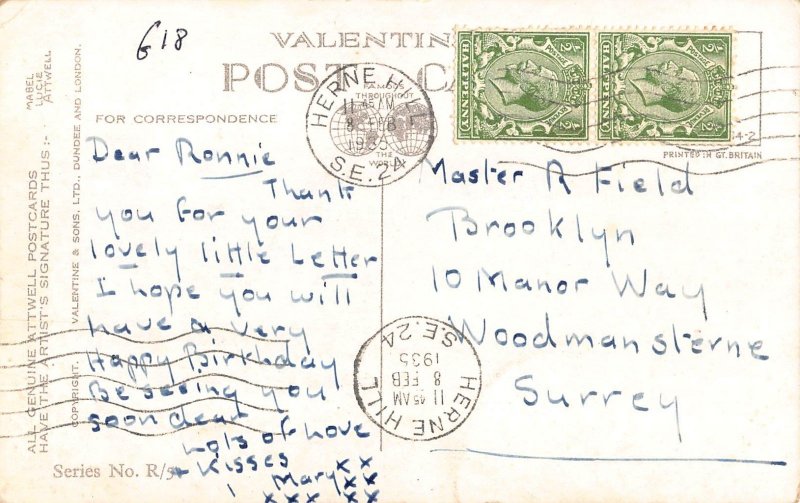 L481 Birthday Greetings Little Girl and Puppy signed ML Attwell vintage postcard