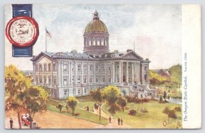 TUCK Oilette~Salem Oregon~State Capitol Bldg~Red Blue State Wax Seal~2454~Vtg PC