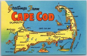 Greetings From Cape Cod Massachusetts Maps MA Cities & Beaches Postcard