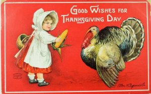 C.1910 Embossed Clapsaddle Thanksgiving Postcard Girl Feeding Turkey F31