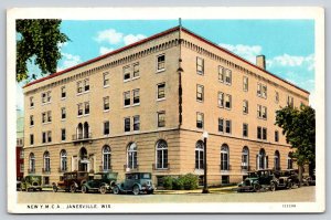 Janesville Wisconsin~New YMCA Bldg Street View~Lamp~Automobiles~1920s Postcard